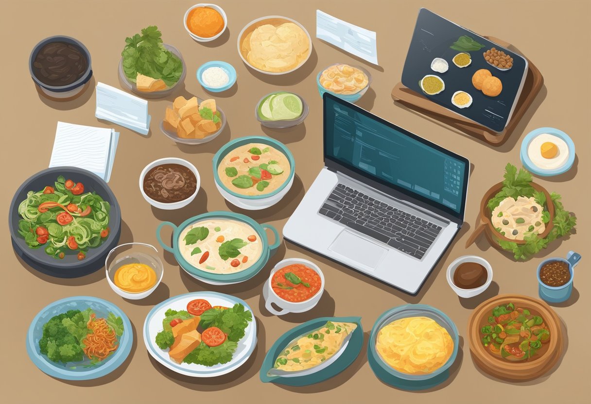 A table set with various ingredients from around the world, a laptop open to an online cooking lesson, and a map of different cuisines hanging on the wall