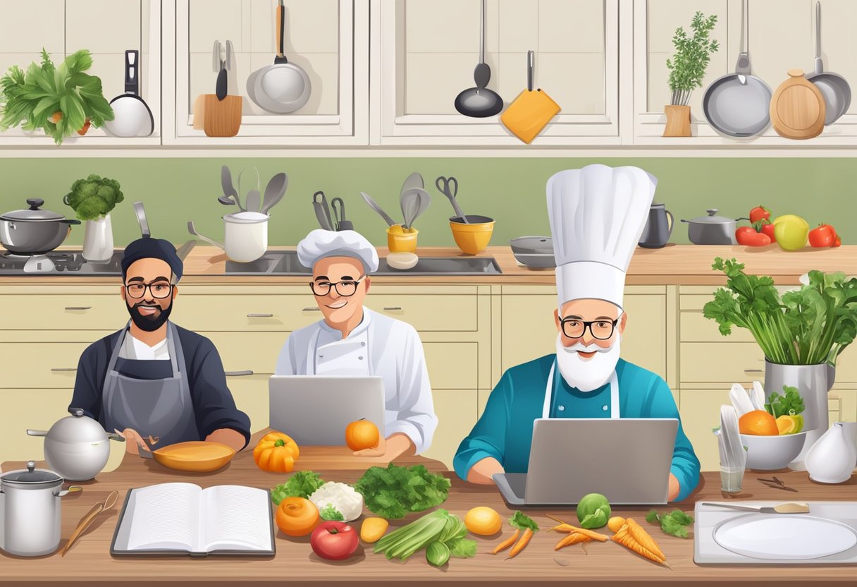 Renowned chefs teaching online cooking classes with laptops and kitchen tools