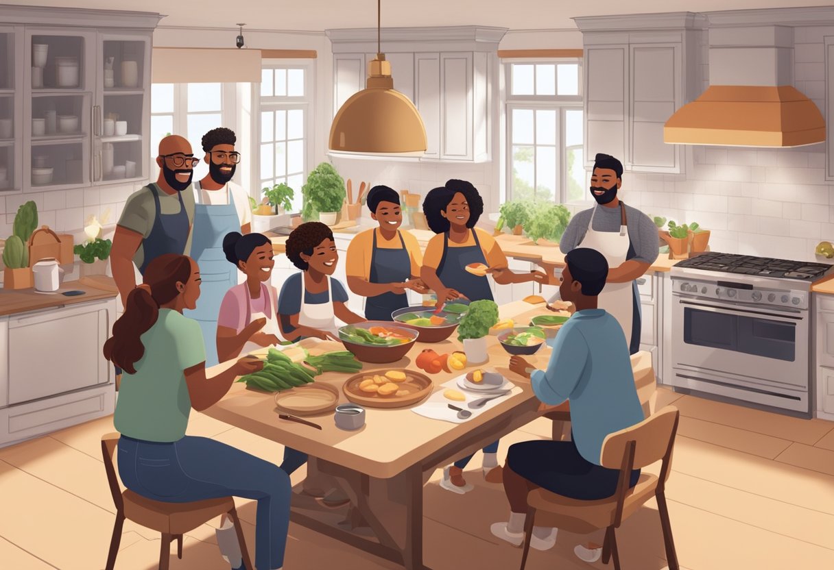 A group of diverse individuals gather around a virtual kitchen, each with their own ingredients and cooking utensils. They eagerly follow along with the online cooking instructor, exchanging tips and laughter as they prepare a delicious meal together