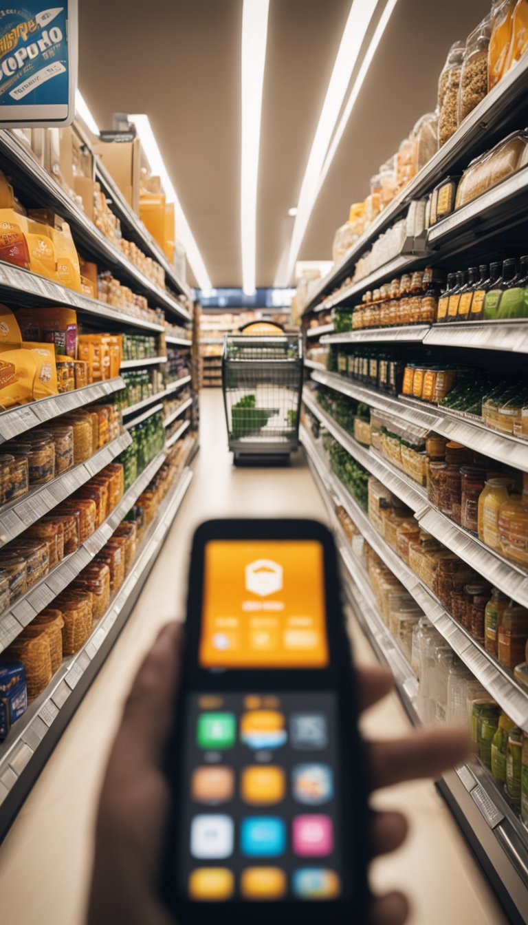 A person scanning a smartphone app at the grocery checkout, surrounded by shelves of products with discount stickers and signage for membership perks