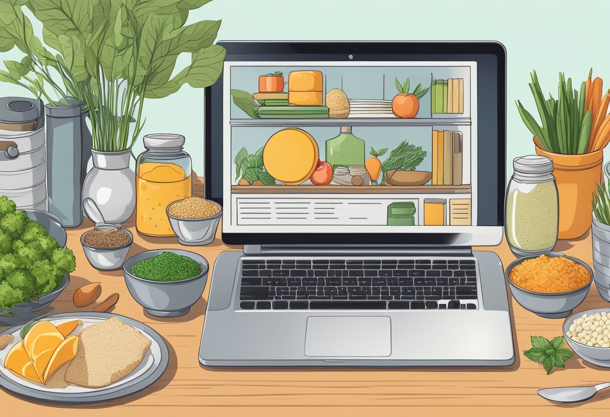A table with a variety of gourmet ingredients, cookbooks, and a laptop open to an online cooking lesson