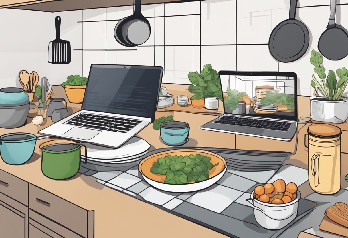 A kitchen counter with a laptop displaying an online cooking lesson, surrounded by pots, pans, and utensils. Ingredients are laid out neatly, ready to be used
