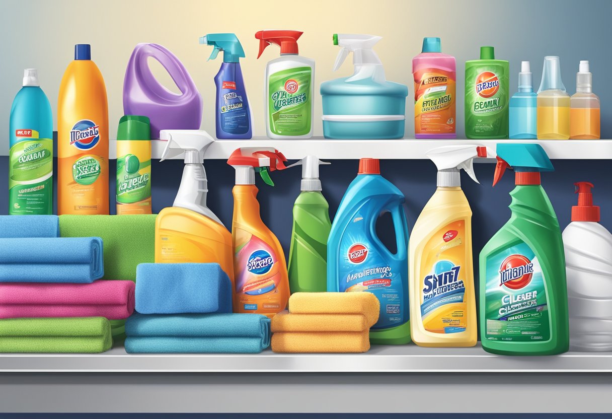 A variety of cleaning products sit on a shelf, including car wash soap, microfiber towels, tire cleaner, and glass cleaner. A hose and bucket are nearby, ready for use