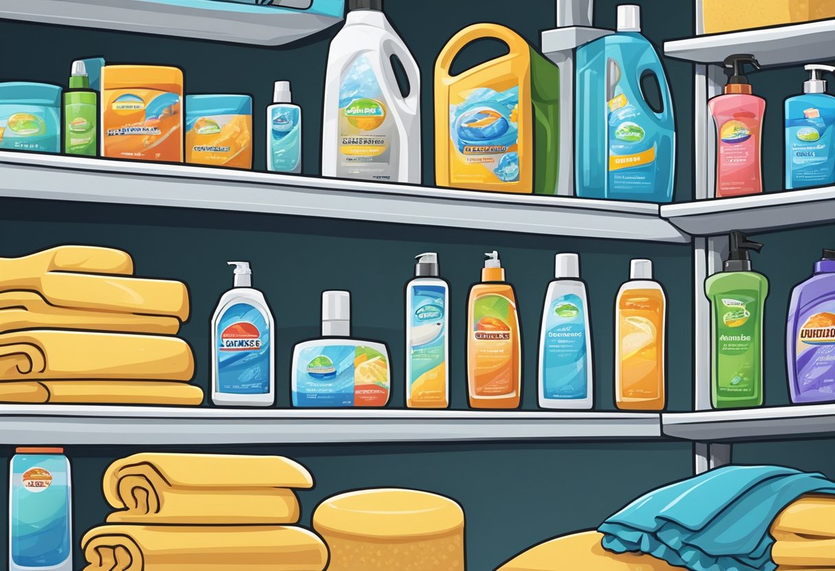 A variety of car wash products sit neatly on a shelf, including soaps, waxes, and microfiber towels, ready for effective maintenance