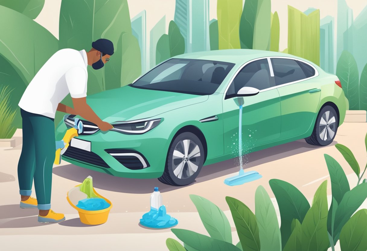 A person using eco-friendly cleaning products to wash a car, with biodegradable options displayed nearby