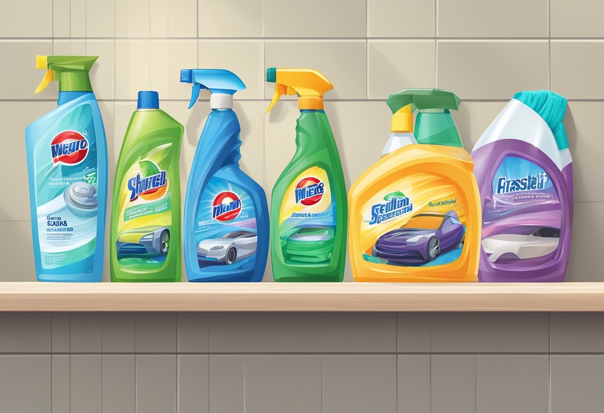 A variety of cleaning products lined up on a shelf, including car wash soap, microfiber cloths, tire cleaner, and glass cleaner