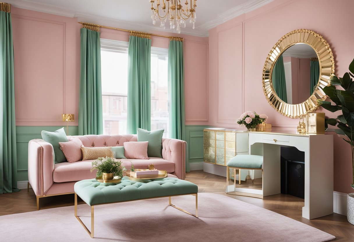 A girly apartment with pastel pink walls, floral patterned curtains, and accents of gold and mint green. The furniture includes a velvet pink sofa, a white vanity table with a gold-framed mirror, and a mint green accent chair