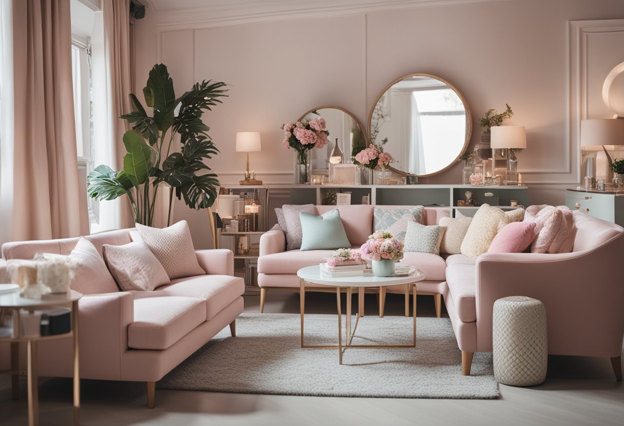 A cozy living room with pastel-colored furniture, floral patterns, and decorative pillows. A vanity table with a mirror and makeup products. A bookshelf filled with girly novels and magazines