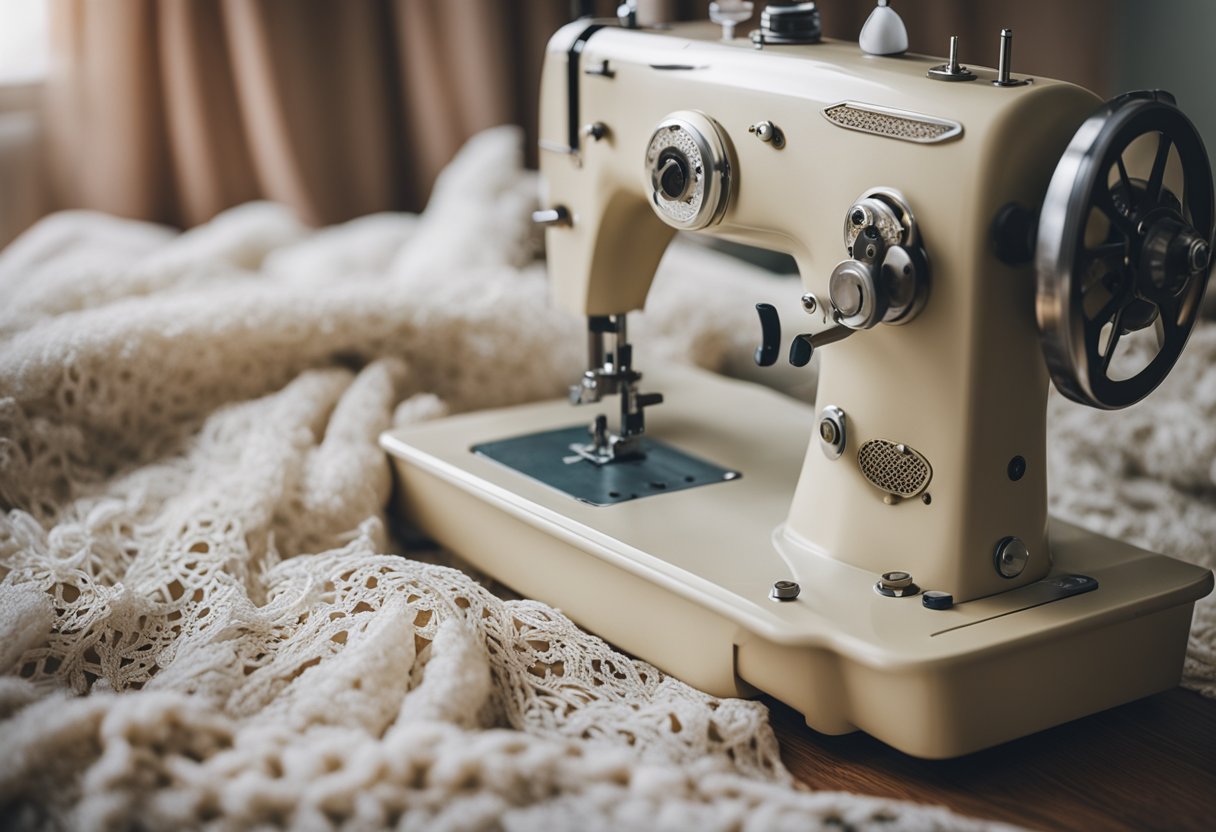 A cozy apartment with floral curtains, pastel throw pillows, and lace tablecloths. A vintage sewing machine sits on a patterned rug