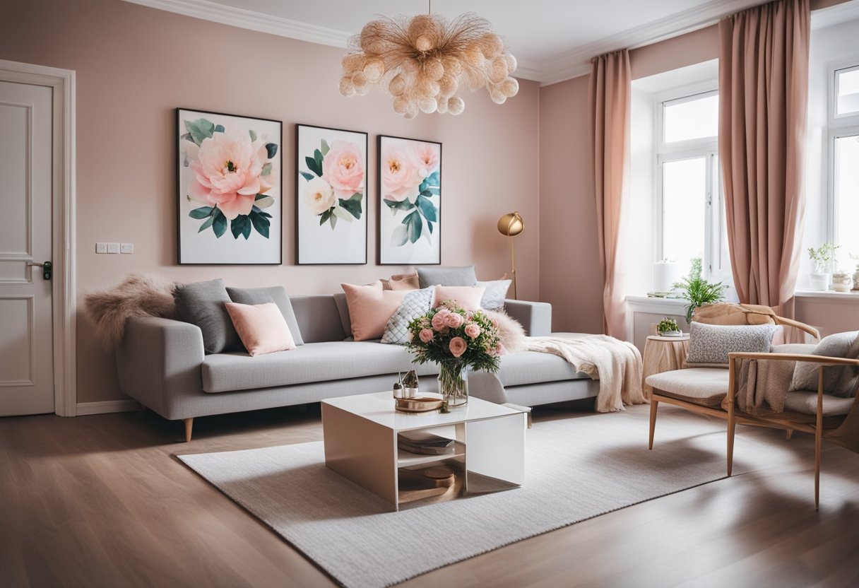 A cozy apartment with colorful wall decor and girly artwork. Feminine and stylish, with floral prints and decorative frames