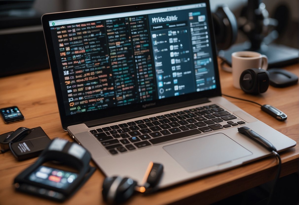 A computer with "Make" and "Zapier" logos facing each other, surrounded by various tech tools and gadgets