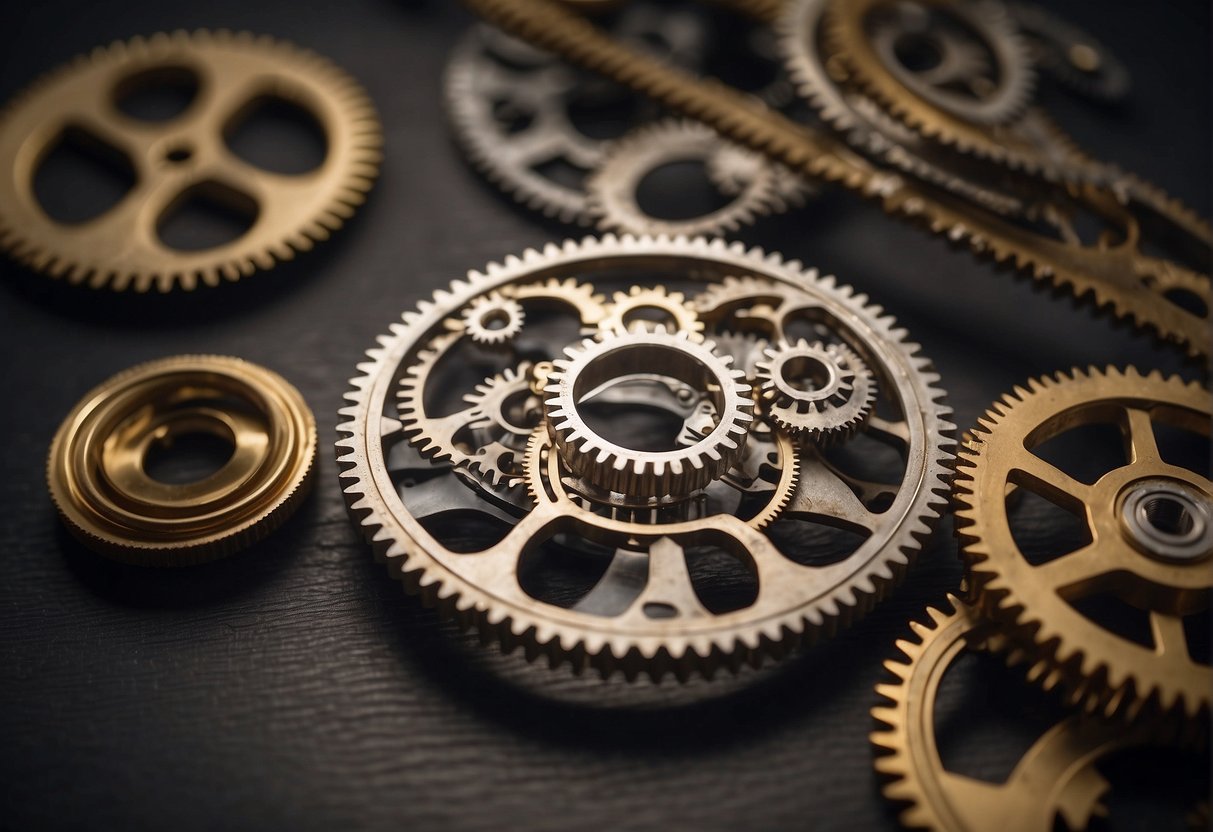 Multiple gears and cogs meshing together, with one side labeled "make" and the other "zapier." A magnifying glass hovers above, examining the intricate details