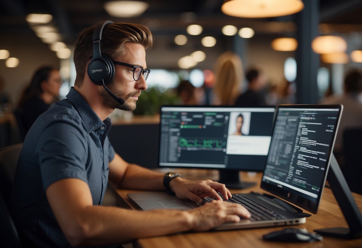 A customer support agent evaluates Make vs Zapier features on a computer screen