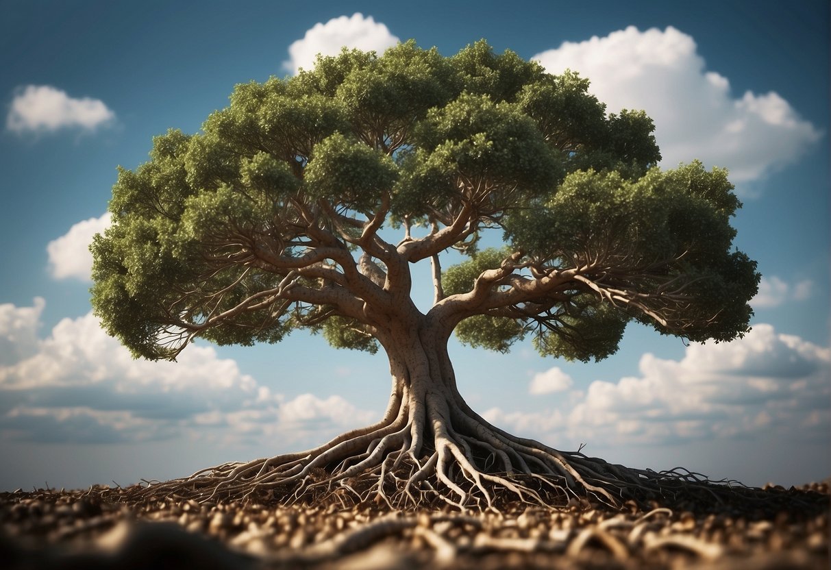 A tree with roots spreading and branches reaching upward, symbolizing scalability and growth