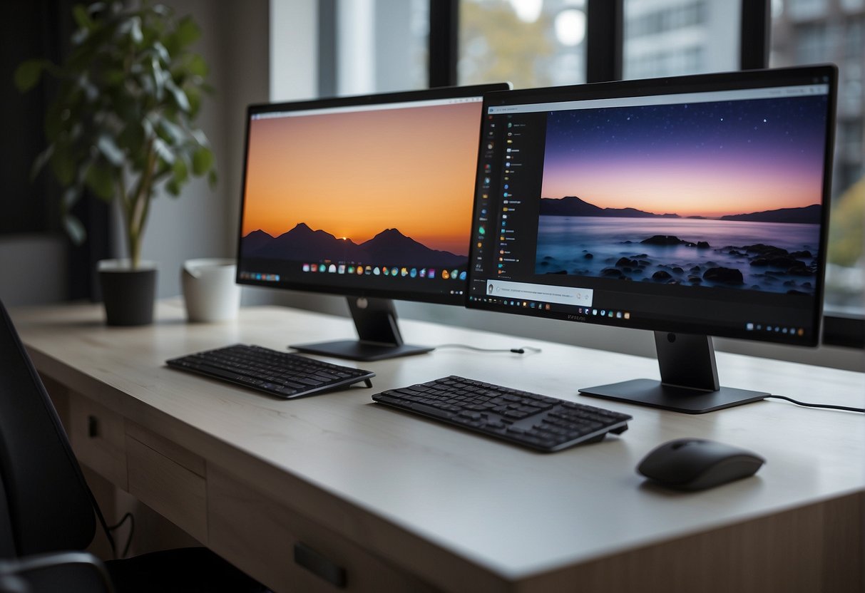 Two computers side by side, one running n8n and the other running Zapier. Both are shown automating tasks with various applications