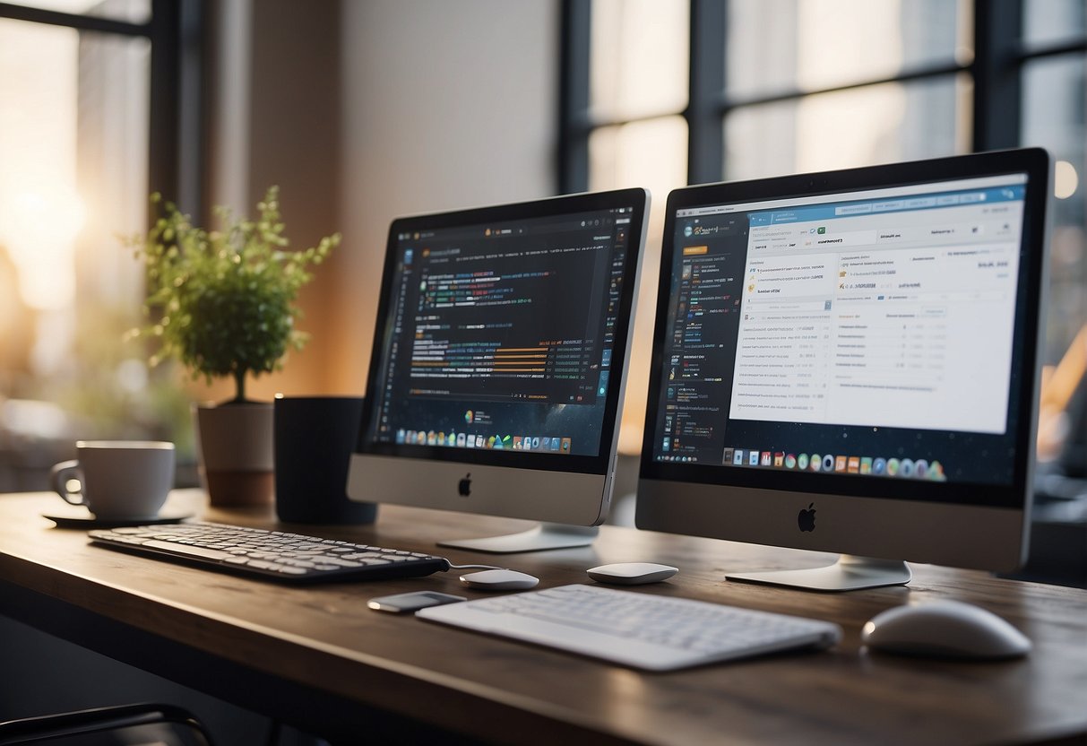 Two computer screens side by side, one displaying n8n interface, the other showing Zapier interface. A notepad with cost calculations lies next to them