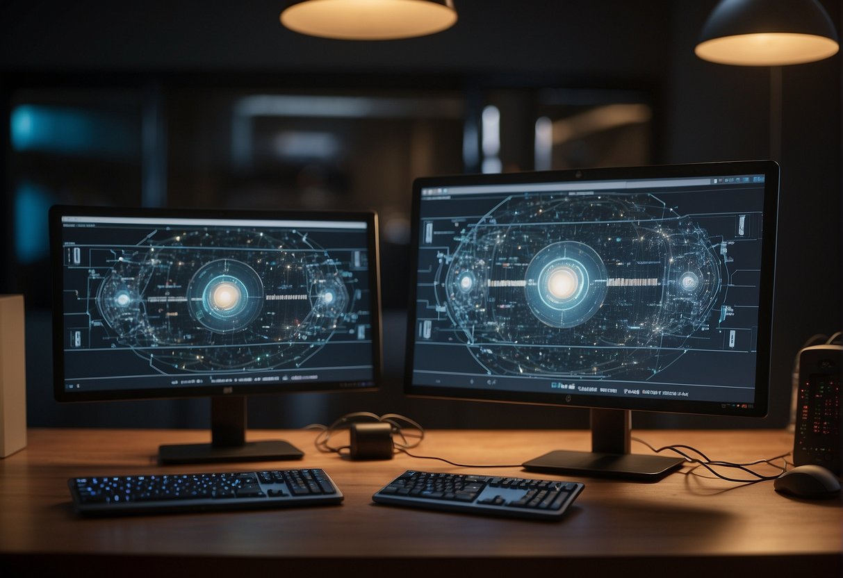 Two computer screens side by side, one displaying n8n interface, the other showing Zapier. Wires and cables connecting the two systems