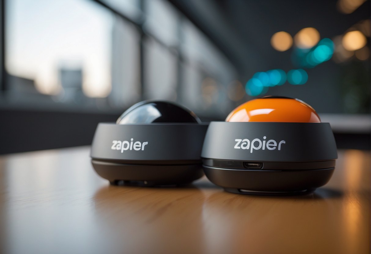 n8n and Zapier platforms deployed side by side, with n8n logo on the left and Zapier logo on the right, against a clean, modern backdrop