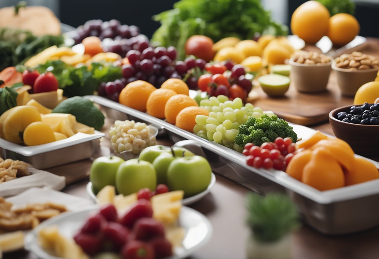 A table filled with packaged, processed foods next to a plate of fresh fruits and vegetables. A person choosing the processed foods over the healthier options
