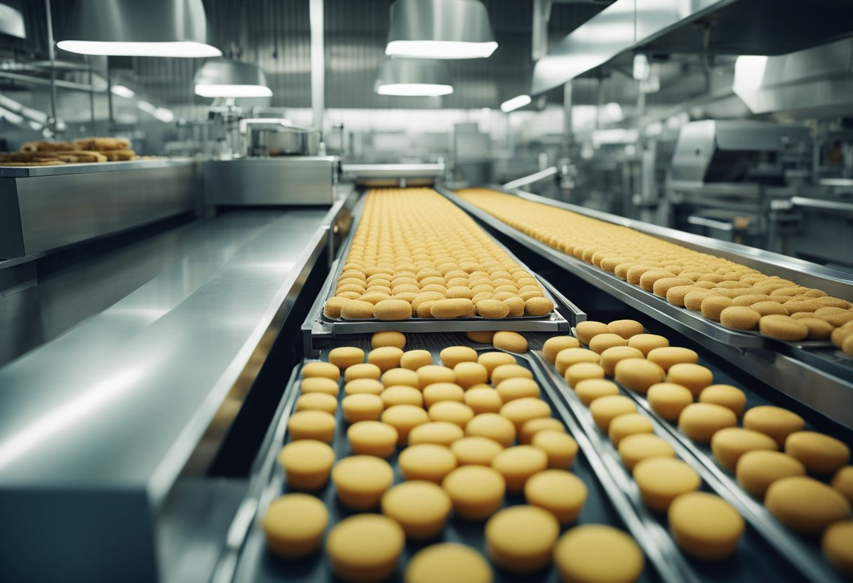 A conveyor belt moves processed foods through a factory. Bright packaging and machinery fill the space, symbolizing the impact on health and wellbeing