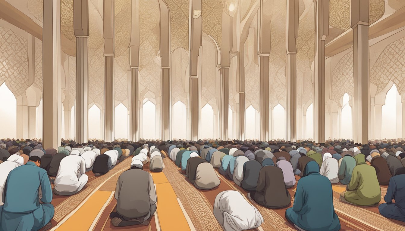 Muslims praying in a modern mosque, facing Mecca. Men and women separated, standing in rows, bowing and prostrating in unison. Quranic verses adorn the walls