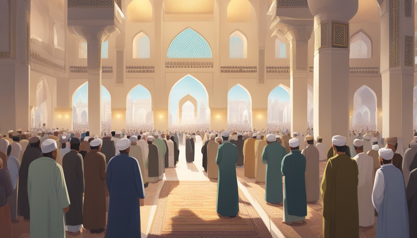People gather in a mosque, facing Mecca. The room is filled with soft light, and the sound of recitation fills the air