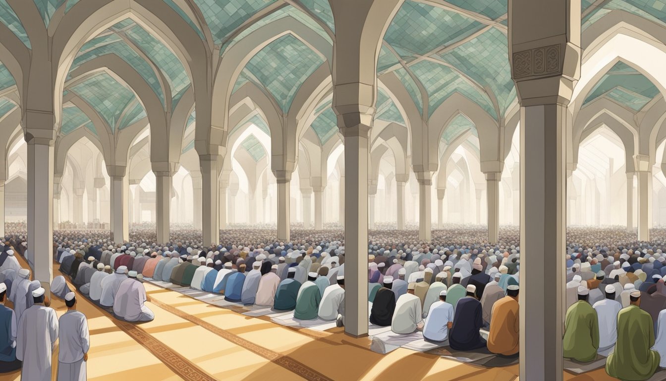 Muslims gather in a modern mosque in Singapore for Friday prayer. The spacious prayer hall is filled with rows of worshipers facing Mecca, as the imam leads the congregation in prayer