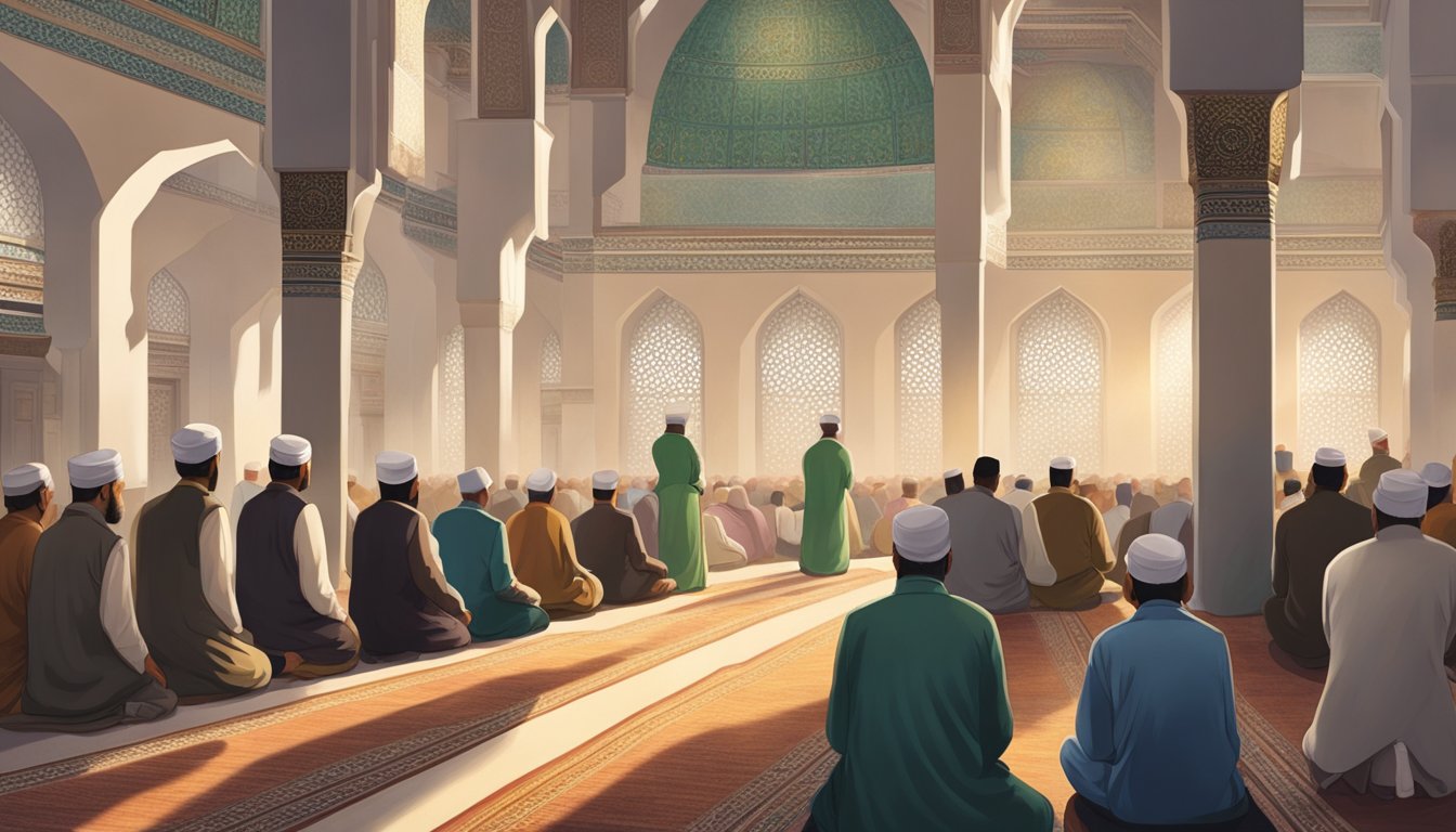 A group of people gather in a mosque, facing the qibla, standing in rows, and performing the Friday prayer. The imam leads the congregation in prayer, while the atmosphere is serene and focused