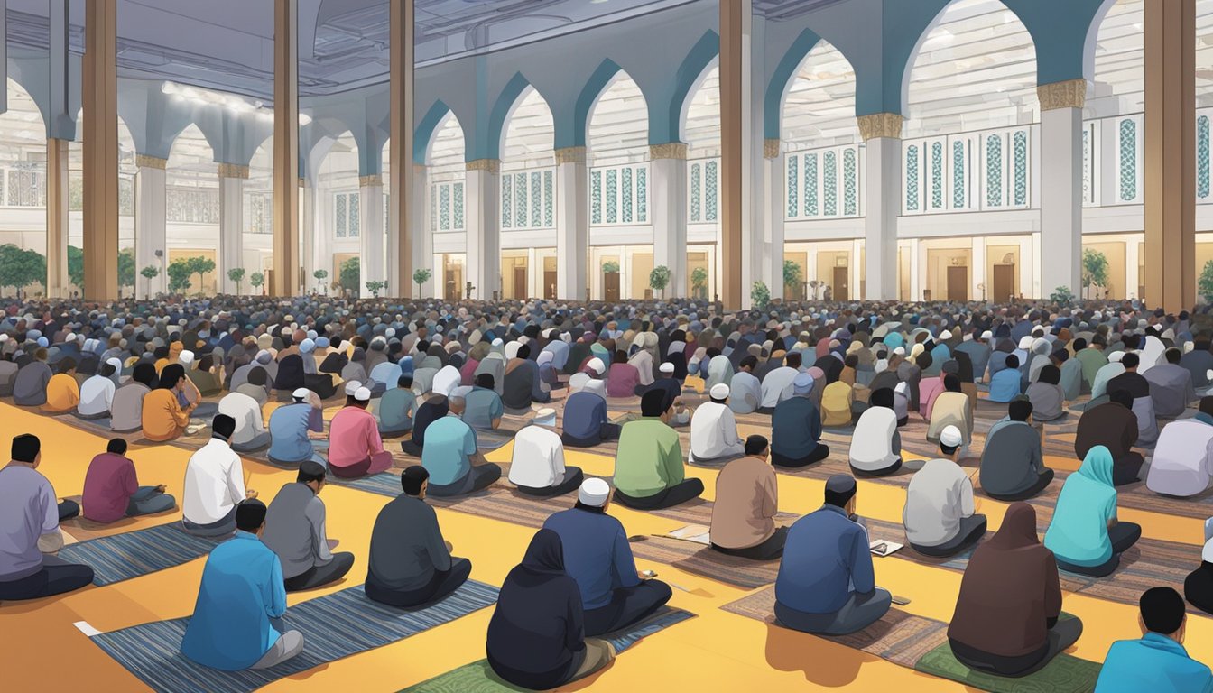 People gather in a modern mosque in Singapore for Friday prayer. The room is filled with the glow of technology as worshippers check their smartphones for prayer times