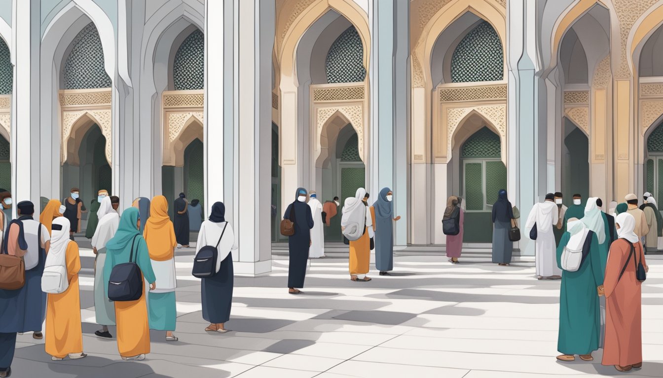 People spaced apart, wearing masks, and hand sanitizing before entering a mosque for Friday prayers in Singapore