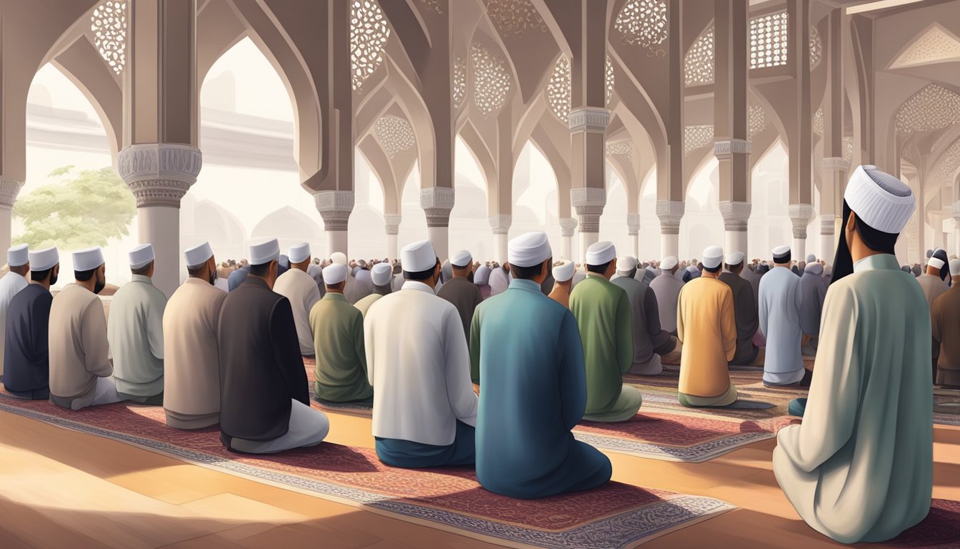 Men and women gather in a mosque for Friday prayers in Singapore, with Islamic governance and guidance being the focus of the sermon