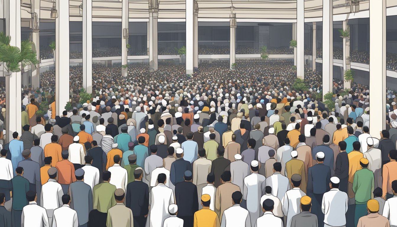 A crowded mosque in Singapore during Friday prayers, with people gathering for the sermon and communal worship