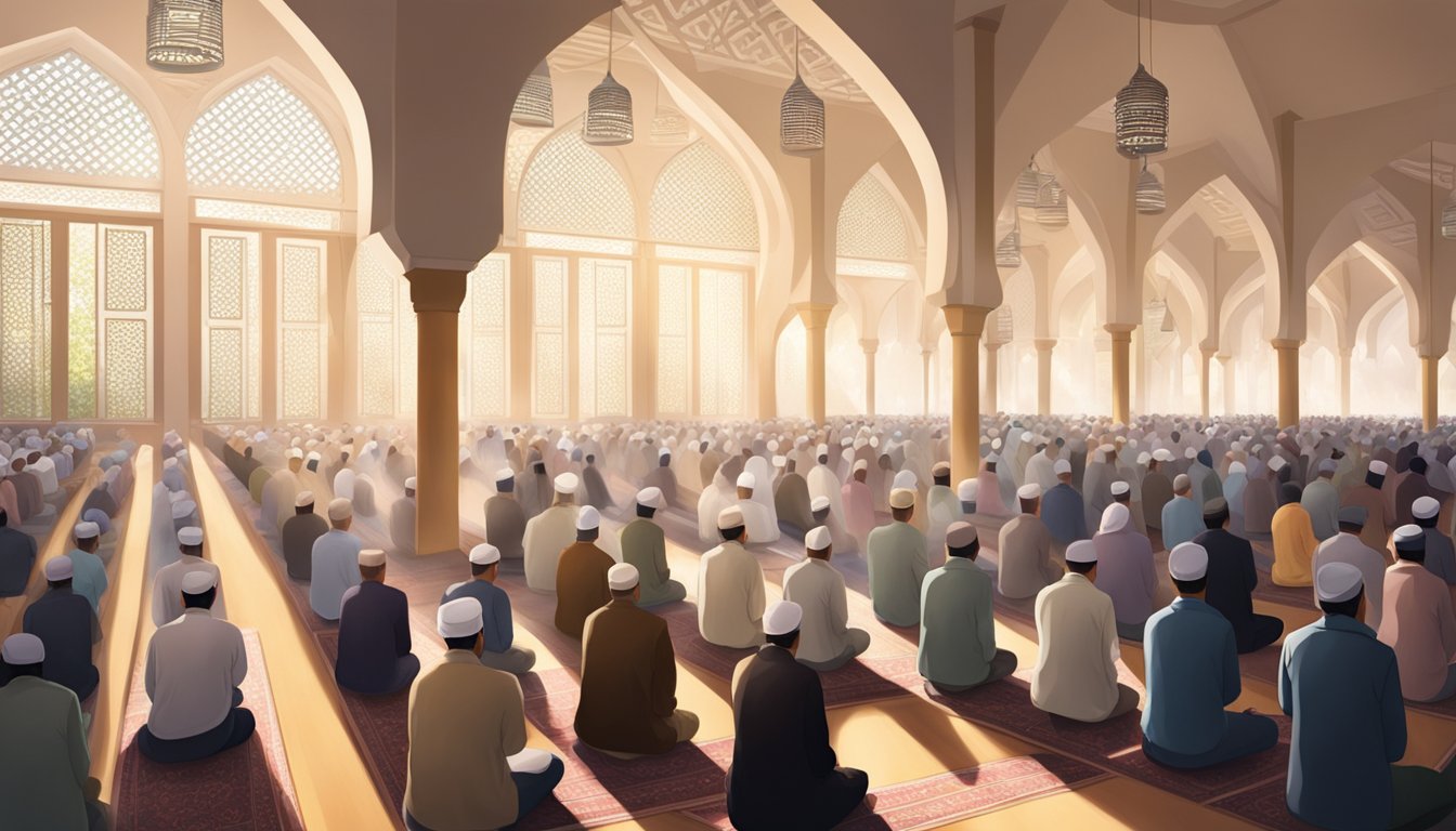A crowded mosque in Singapore during Friday prayers, with worshippers kneeling in prayer, the room filled with the soft glow of natural light streaming in through the windows