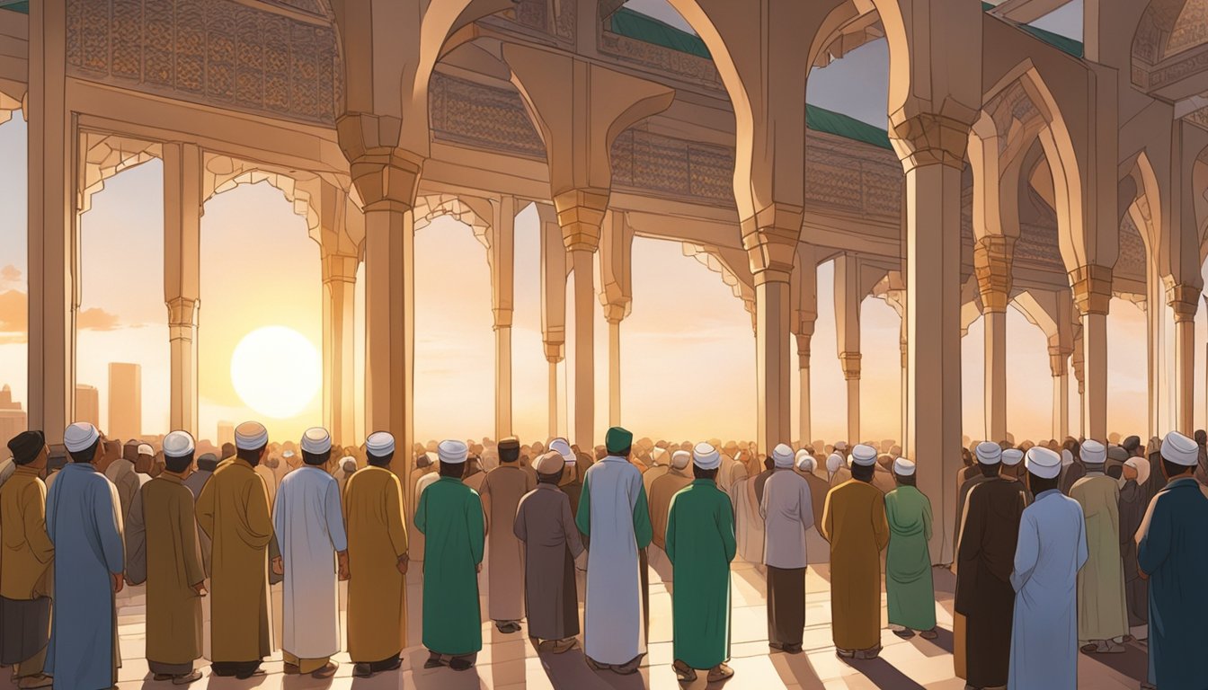 People gathering at a mosque, with the sun setting in the background, as the call to Friday prayers echoes through the air in Singapore