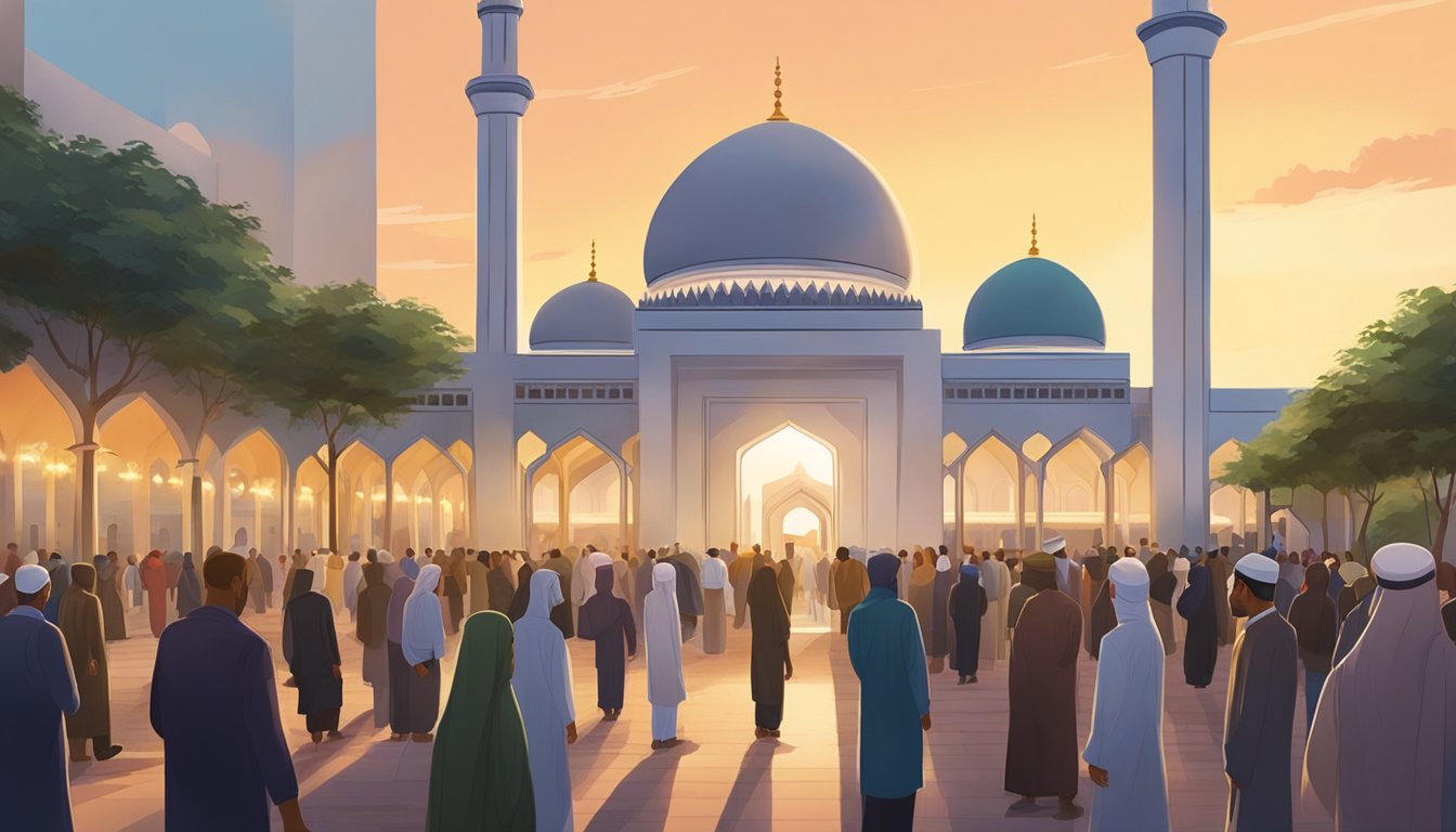 People gathering at a mosque in Singapore for Friday prayers. The sun is setting, casting a warm glow over the worshippers as they enter the building