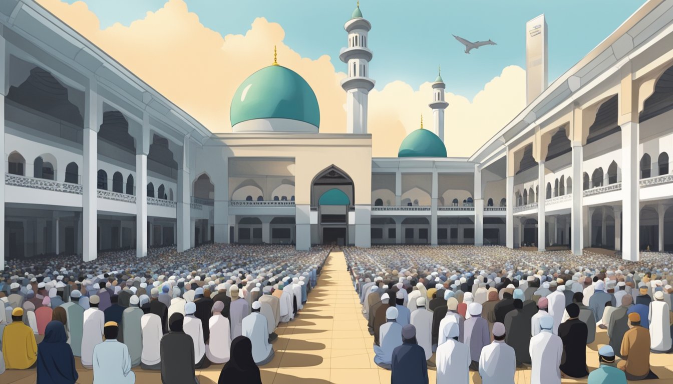 A mosque courtyard fills with worshippers for Friday prayers in Singapore, as the call to prayer echoes through the air
