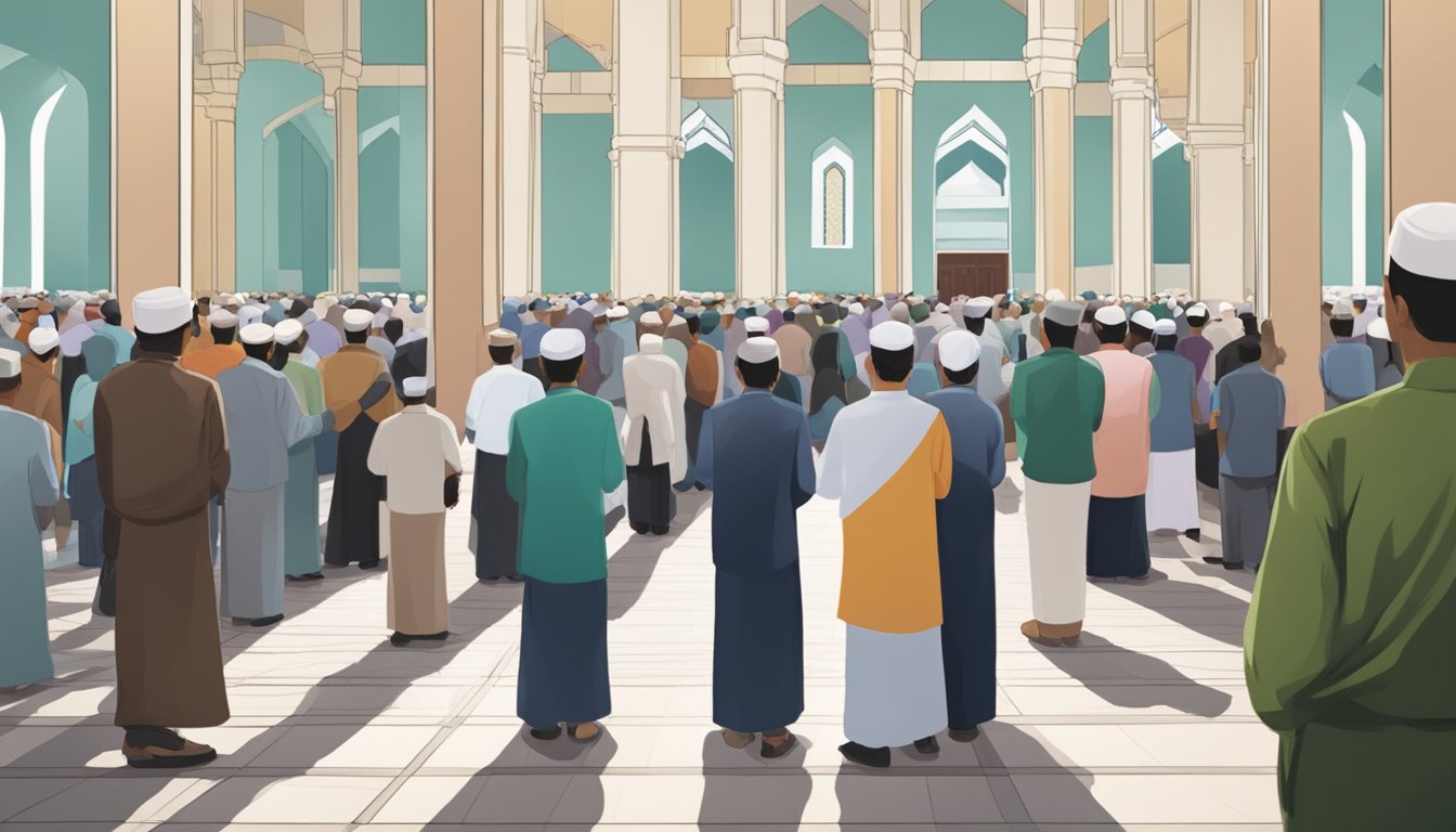People gathering at a mosque for Friday prayers in Singapore. The time is marked by the call to prayer and the congregation coming together for worship