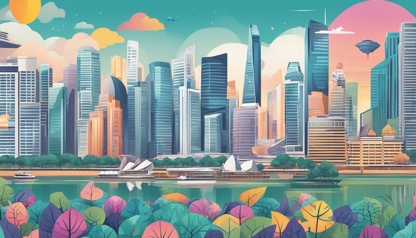 A bustling cityscape with iconic Singapore landmarks in the background, showcasing the vibrant financial services market with the FSM Broker logo prominently displayed