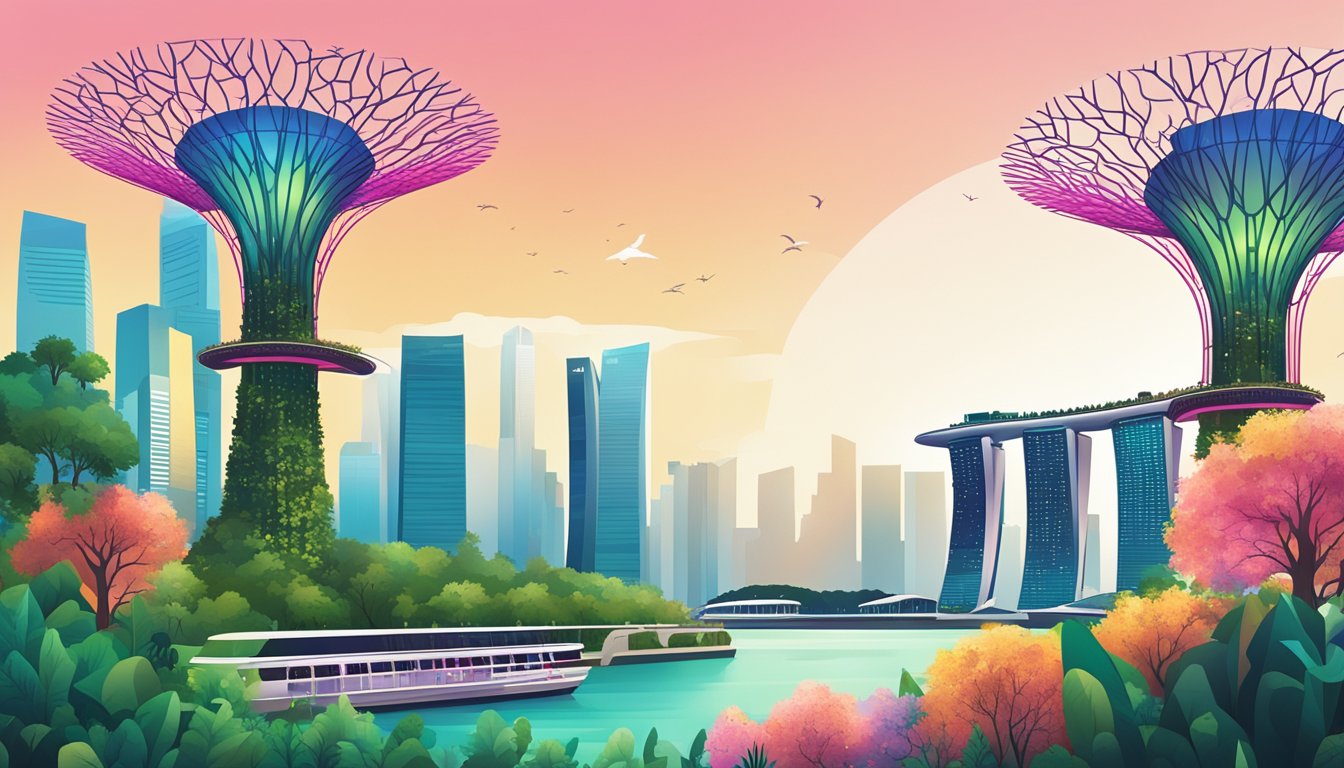A vibrant cityscape of Singapore's iconic landmarks, with the Marina Bay Sands and the futuristic Supertree Grove in the foreground