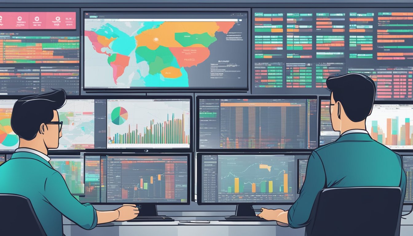 Traders on screens execute international market transactions, with FSMOne fees in Singapore
