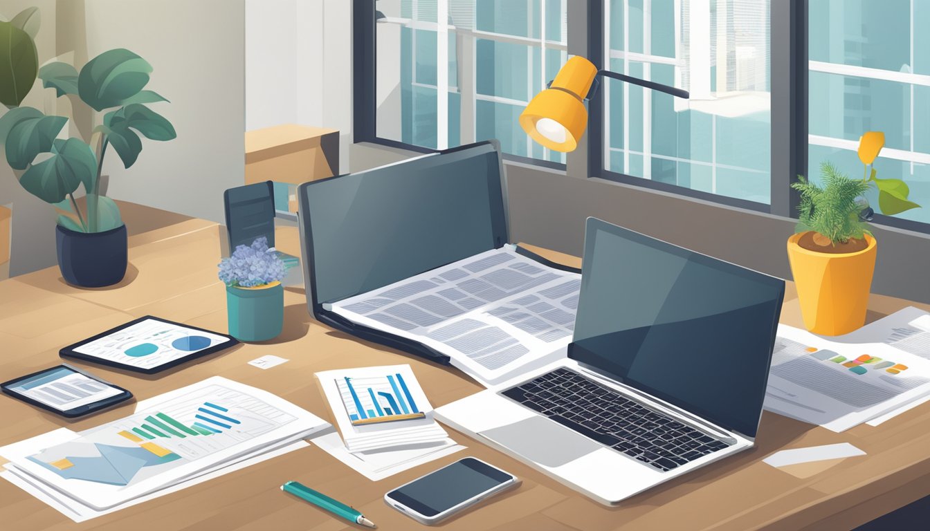 A table with a laptop, phone, and paperwork, surrounded by financial documents and charts, with a sign reading "Additional Features and Services fsmone fees singapore."