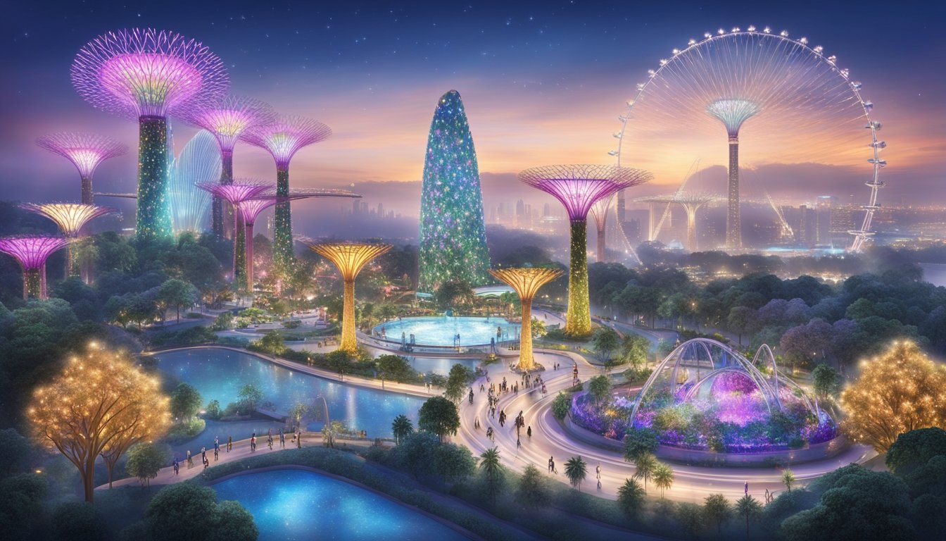 The Gardens by the Bay Winter Wonderland in Singapore features towering artificial trees adorned with twinkling lights, surrounded by colorful floral displays and whimsical sculptures, creating a magical and enchanting atmosphere