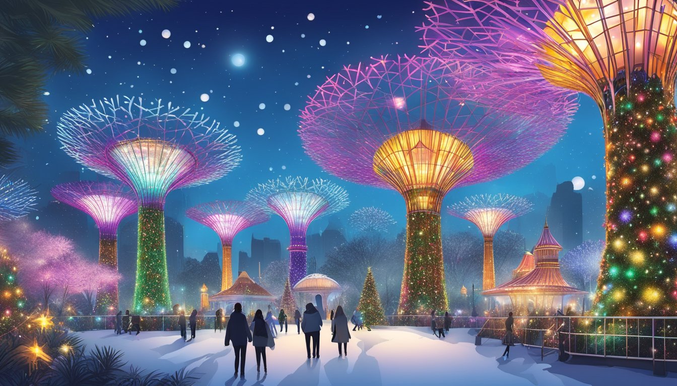 Colorful lights adorn the gardens, illuminating festive attractions and rides. Giant snowflakes and twinkling trees create a winter wonderland at Gardens by the Bay in Singapore