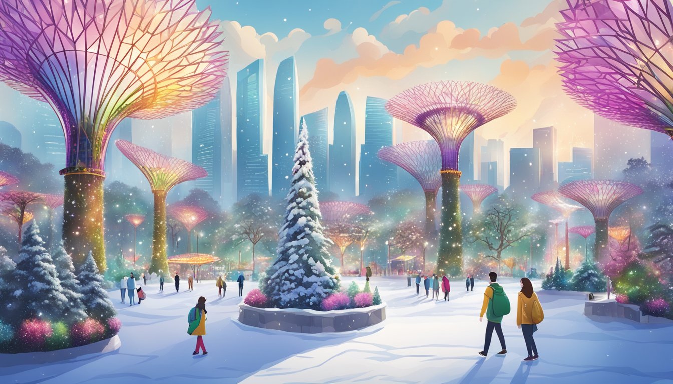 The scene features colorful tickets and visitor information signs set against the backdrop of the enchanting Gardens by the Bay transformed into a winter wonderland in Singapore