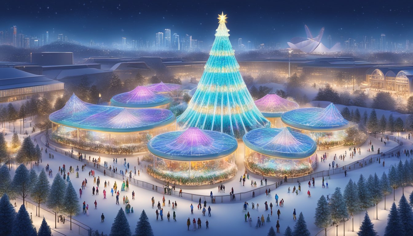Gardens by the Bay's winter wonderland: glowing light sculptures, ice skating rink, towering Christmas tree, and festive market stalls