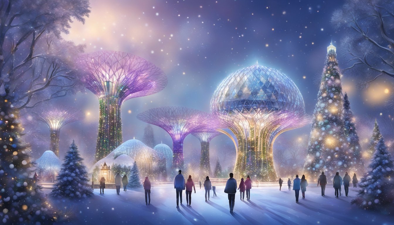 The winter wonderland at Gardens by the Bay in Singapore features sparkling lights, snow-covered trees, and festive decorations creating a magical atmosphere