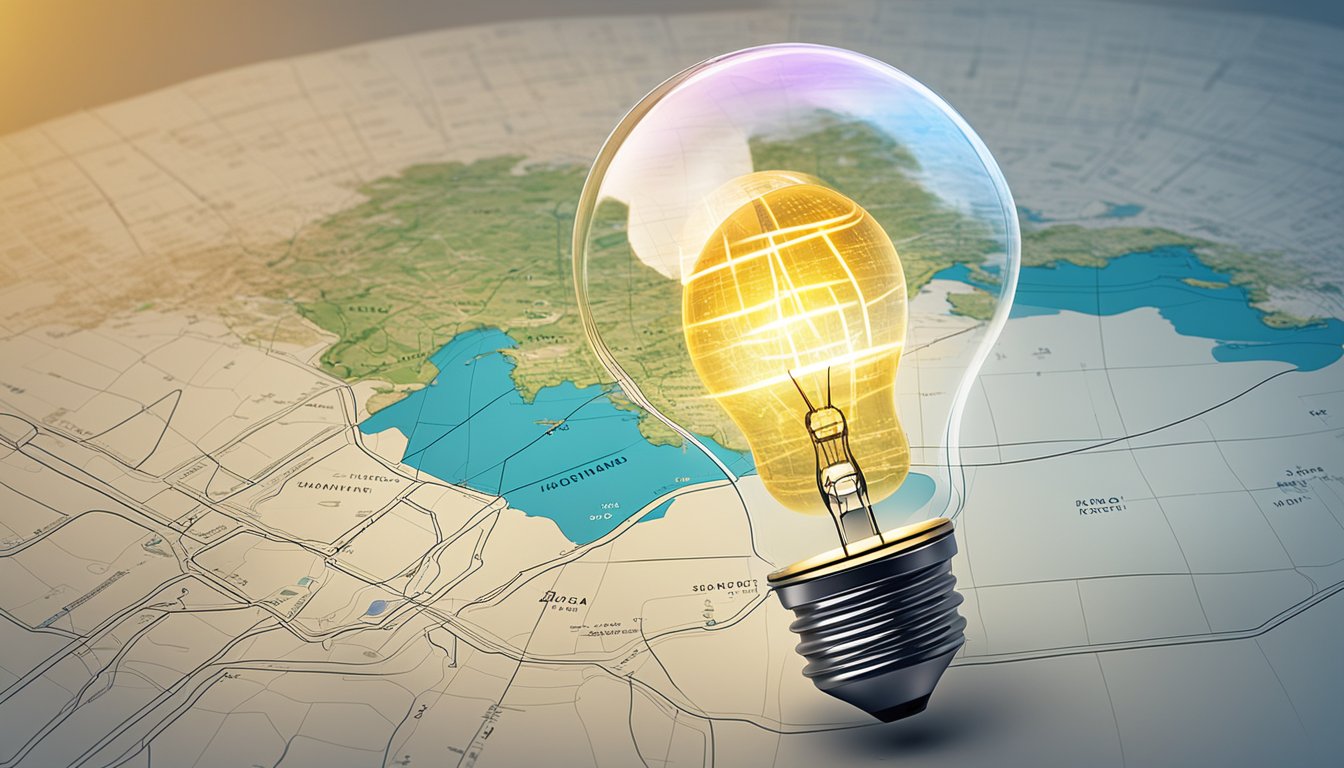 A glowing lightbulb hovers over a map of Singapore, surrounded by mathematical equations and innovative technology