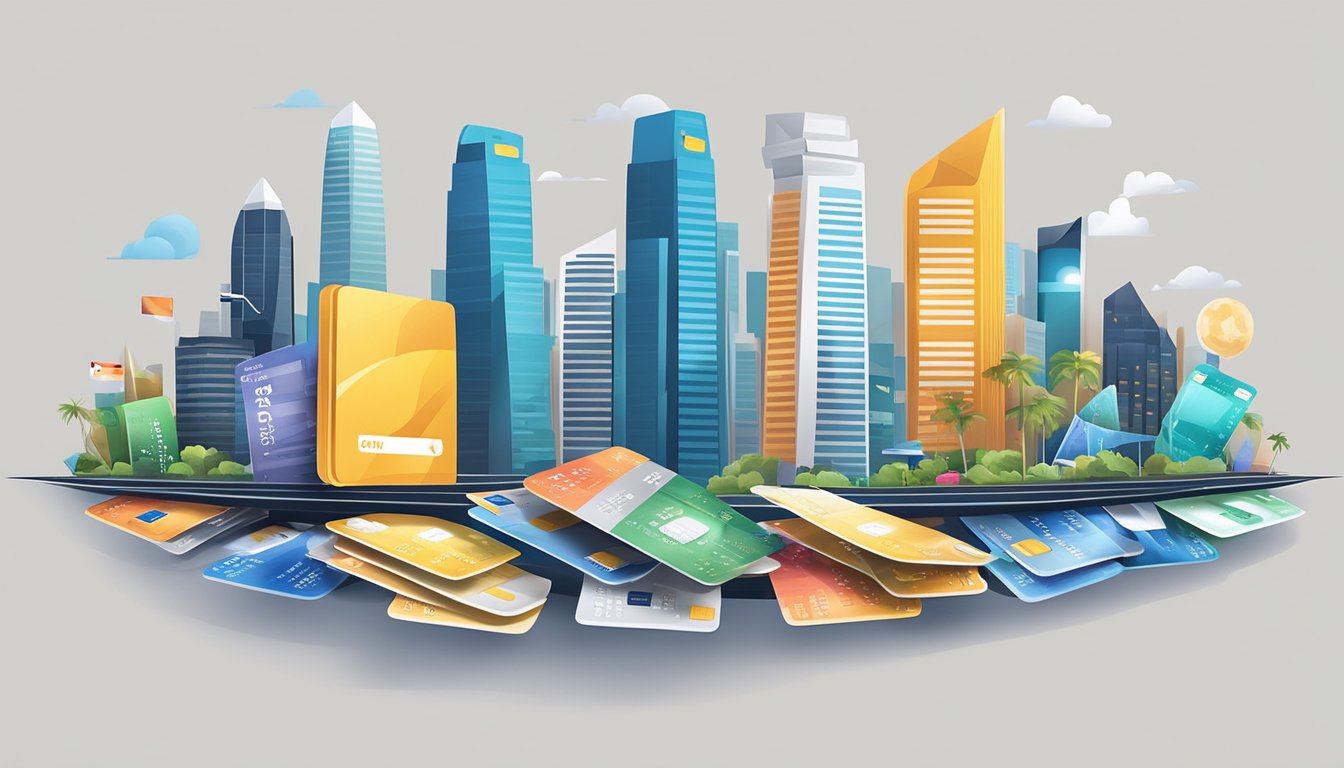 A diverse array of credit cards, representing various banks and financial institutions, sprawled across a sleek, modern Singapore skyline