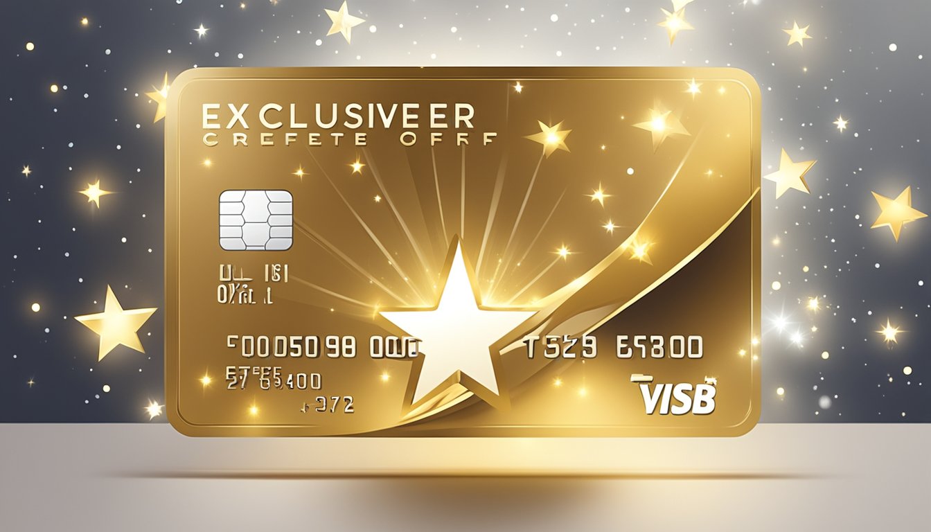 A sleek credit card surrounded by sparkling stars and a golden spotlight, with the words "Exclusive Credit Card Offers" glowing in bold letters