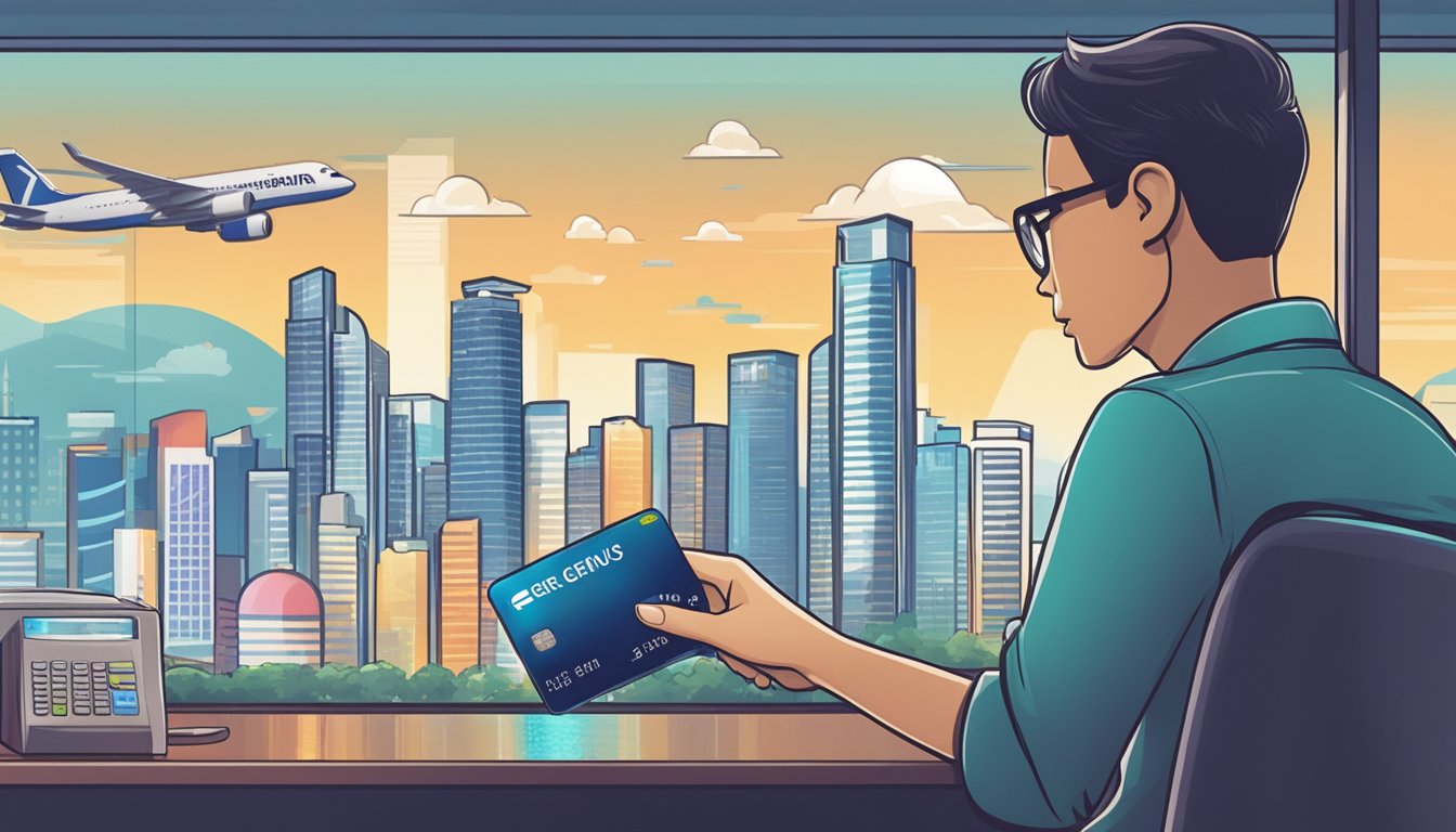 A person swiping a credit card at a store with a genius credit card logo on the card and the skyline of Singapore in the background
